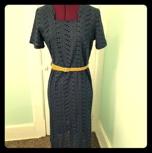 1960s Vintage Navy Blue Eyelet Shift Dress